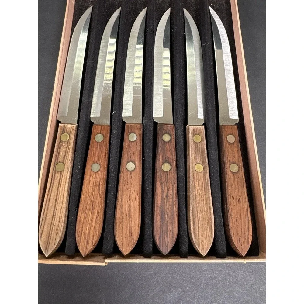 Vintage Real-Keen Steak Knife Set Of 6 USA Stainless Steel Wood Handle Kitchen